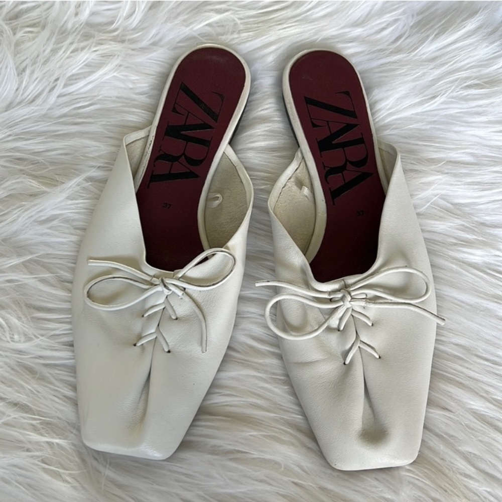 Zara square toe mules with laced bow white size 37